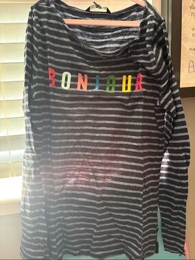 Banana Republic Black and Gray Striped Long Sleeve Top with Multicolor 'BONJOUR'